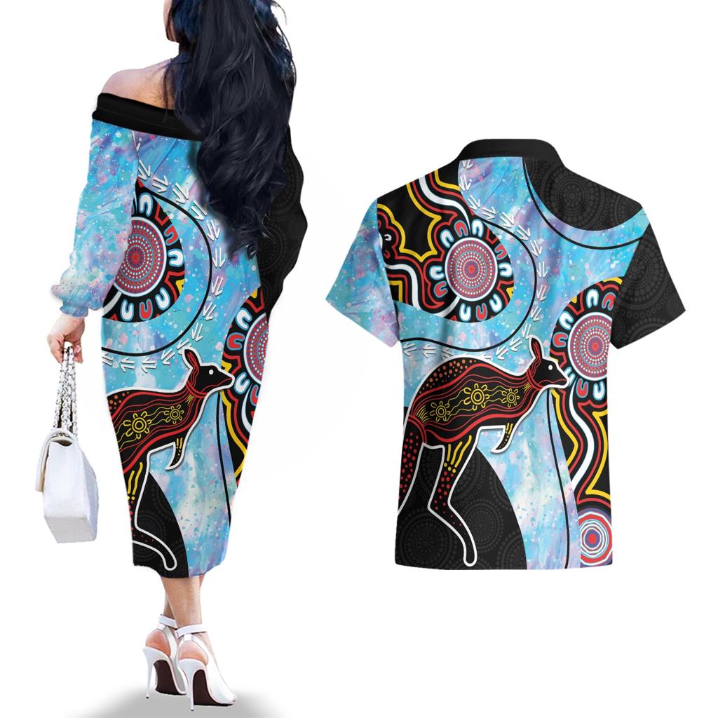 Australia Opal Couples Matching Off The Shoulder Long Sleeve Dress and Hawaiian Shirt Aussie Kangaroo Aboriginal Art