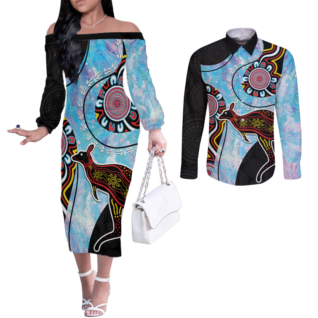 Australia Opal Couples Matching Off The Shoulder Long Sleeve Dress and Long Sleeve Button Shirt Aussie Kangaroo Aboriginal Art