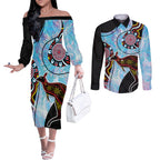 Australia Opal Couples Matching Off The Shoulder Long Sleeve Dress and Long Sleeve Button Shirt Aussie Kangaroo Aboriginal Art