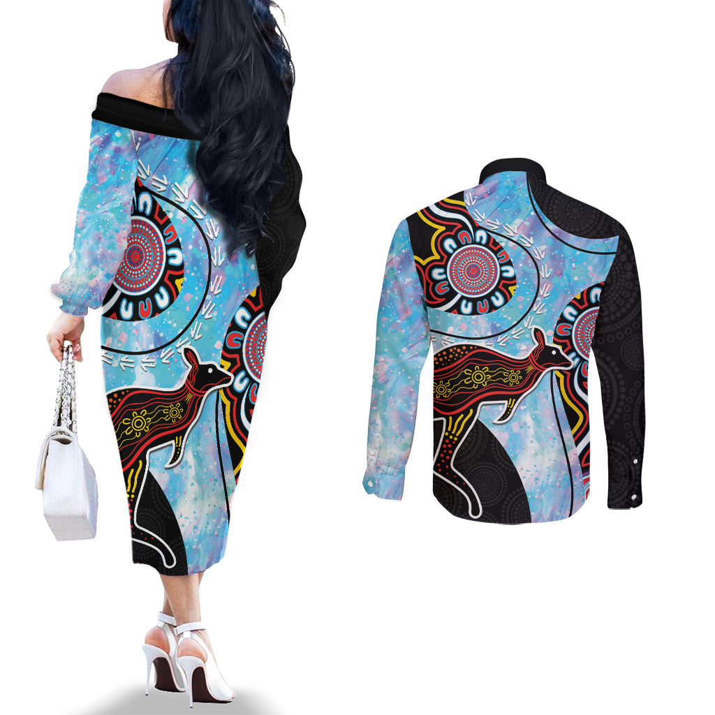 Australia Opal Couples Matching Off The Shoulder Long Sleeve Dress and Long Sleeve Button Shirt Aussie Kangaroo Aboriginal Art