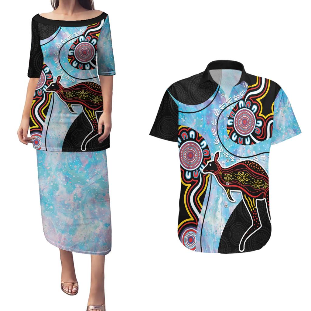 Australia Opal Couples Matching Puletasi and Hawaiian Shirt Aussie Kangaroo Aboriginal Art