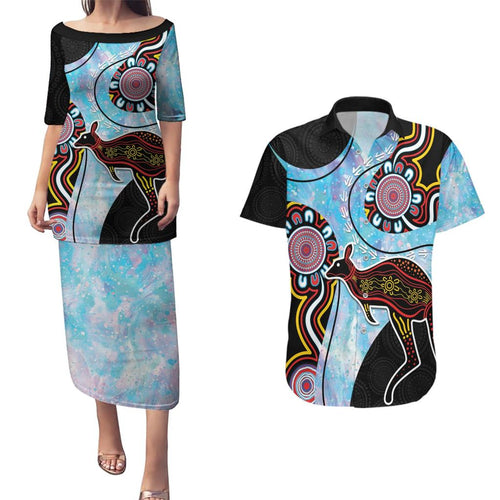 Australia Opal Couples Matching Puletasi and Hawaiian Shirt Aussie Kangaroo Aboriginal Art