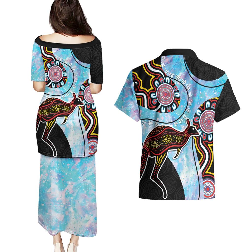 Australia Opal Couples Matching Puletasi and Hawaiian Shirt Aussie Kangaroo Aboriginal Art