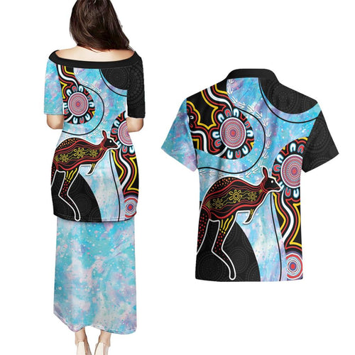 Australia Opal Couples Matching Puletasi and Hawaiian Shirt Aussie Kangaroo Aboriginal Art