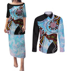 Australia Opal Couples Matching Puletasi and Long Sleeve Button Shirt Aussie Kangaroo Aboriginal Art