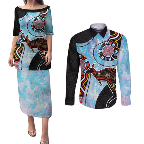 Australia Opal Couples Matching Puletasi and Long Sleeve Button Shirt Aussie Kangaroo Aboriginal Art