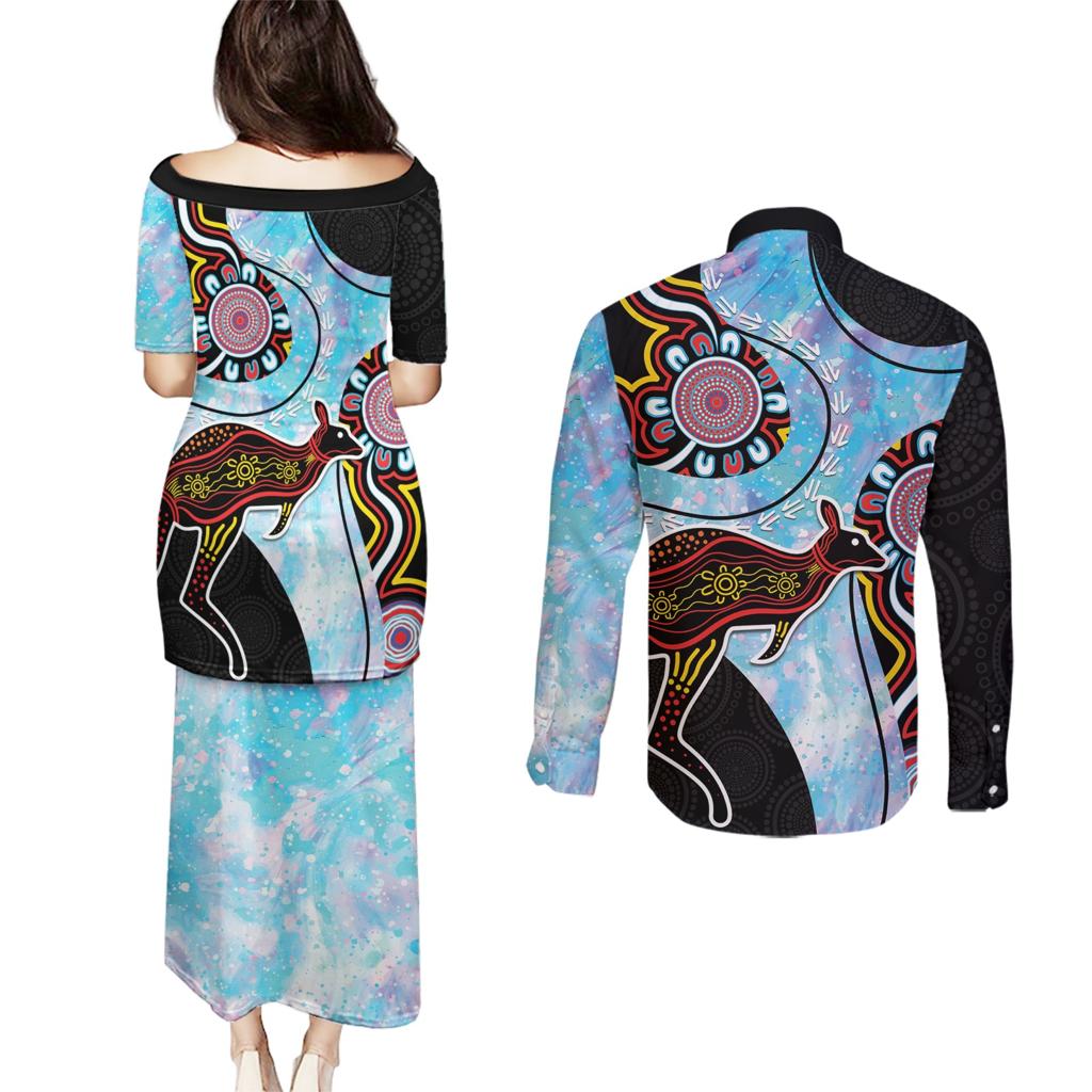 Australia Opal Couples Matching Puletasi and Long Sleeve Button Shirt Aussie Kangaroo Aboriginal Art
