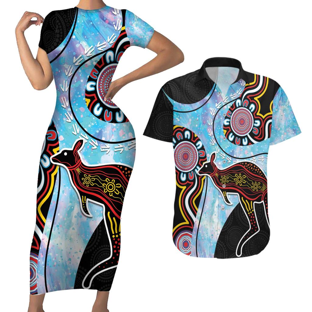 Australia Opal Couples Matching Short Sleeve Bodycon Dress and Hawaiian Shirt Aussie Kangaroo Aboriginal Art