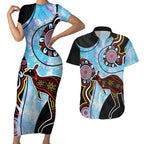Australia Opal Couples Matching Short Sleeve Bodycon Dress and Hawaiian Shirt Aussie Kangaroo Aboriginal Art