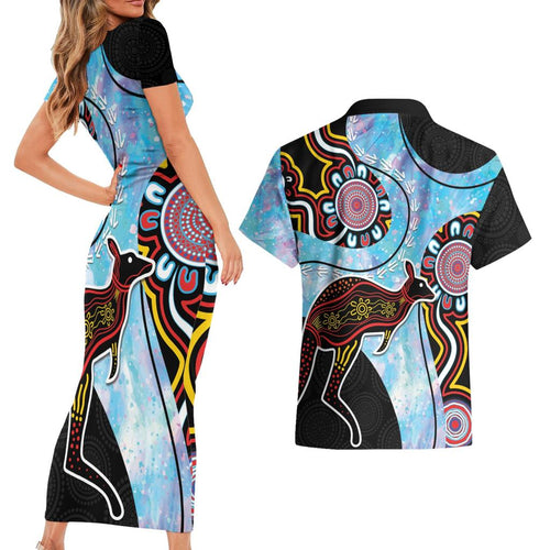 Australia Opal Couples Matching Short Sleeve Bodycon Dress and Hawaiian Shirt Aussie Kangaroo Aboriginal Art