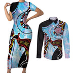 Australia Opal Couples Matching Short Sleeve Bodycon Dress and Long Sleeve Button Shirt Aussie Kangaroo Aboriginal Art