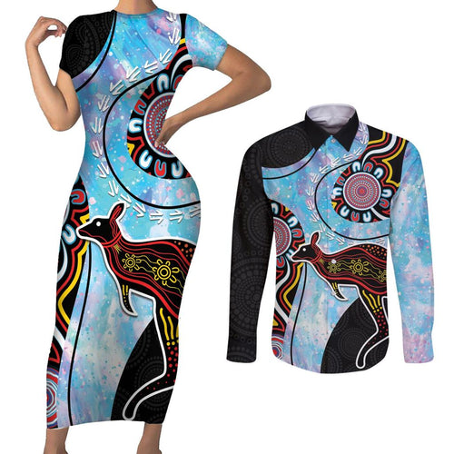 Australia Opal Couples Matching Short Sleeve Bodycon Dress and Long Sleeve Button Shirt Aussie Kangaroo Aboriginal Art