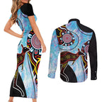 Australia Opal Couples Matching Short Sleeve Bodycon Dress and Long Sleeve Button Shirt Aussie Kangaroo Aboriginal Art