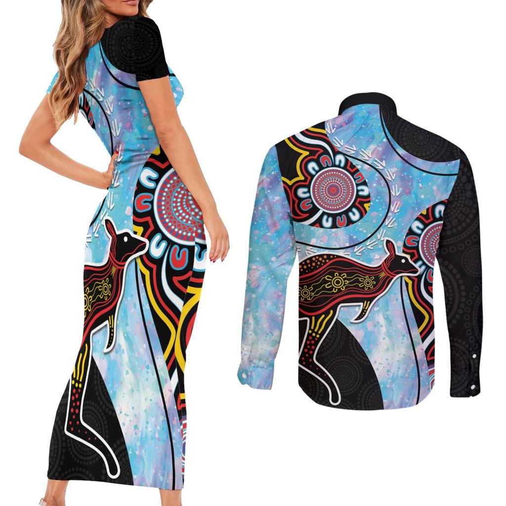 Australia Opal Couples Matching Short Sleeve Bodycon Dress and Long Sleeve Button Shirt Aussie Kangaroo Aboriginal Art