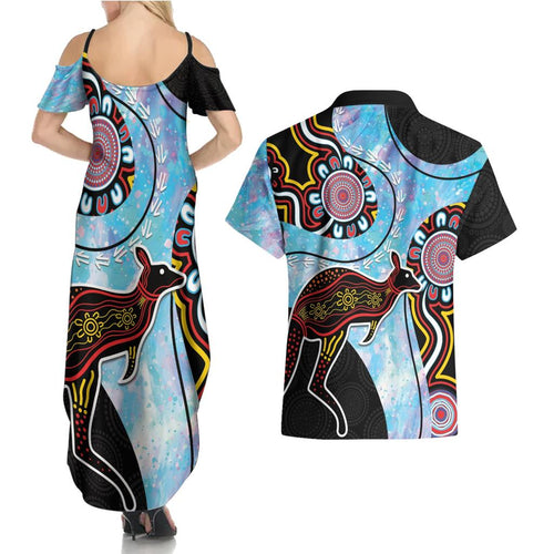 Australia Opal Couples Matching Summer Maxi Dress and Hawaiian Shirt Aussie Kangaroo Aboriginal Art