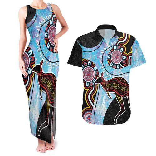 Australia Opal Couples Matching Tank Maxi Dress and Hawaiian Shirt Aussie Kangaroo Aboriginal Art