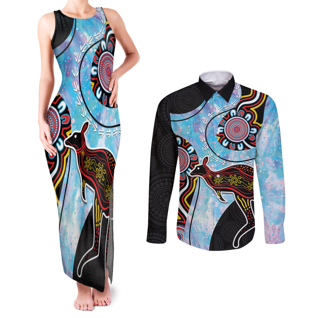 Australia Opal Couples Matching Tank Maxi Dress and Long Sleeve Button Shirt Aussie Kangaroo Aboriginal Art