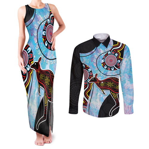 Australia Opal Couples Matching Tank Maxi Dress and Long Sleeve Button Shirt Aussie Kangaroo Aboriginal Art