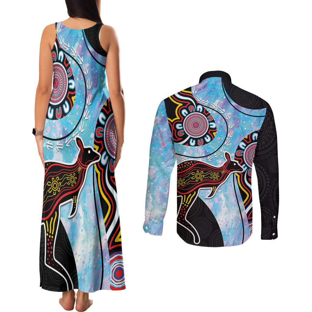 Australia Opal Couples Matching Tank Maxi Dress and Long Sleeve Button Shirt Aussie Kangaroo Aboriginal Art