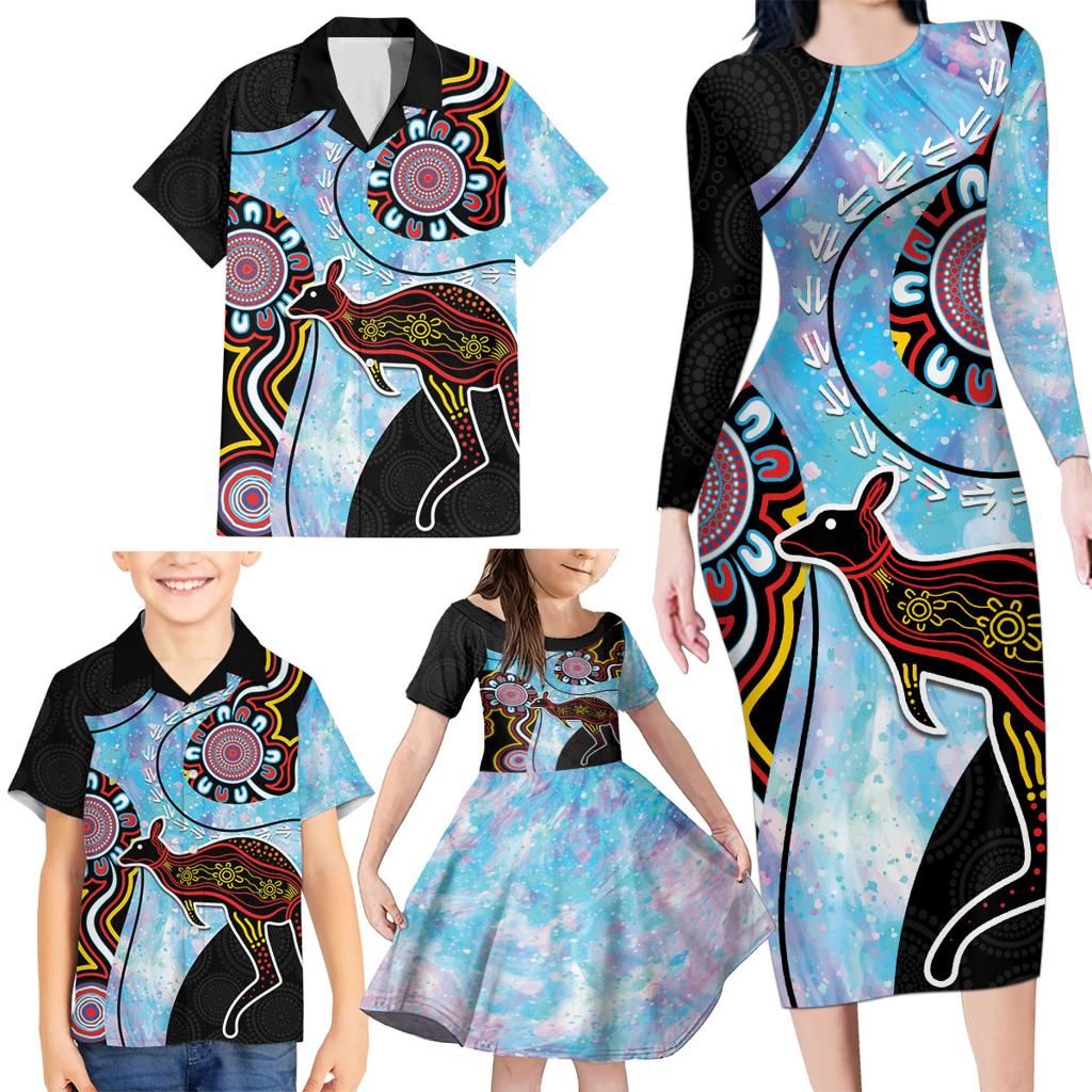 Australia Opal Family Matching Long Sleeve Bodycon Dress and Hawaiian Shirt Aussie Kangaroo Aboriginal Art