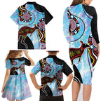 Australia Opal Family Matching Long Sleeve Bodycon Dress and Hawaiian Shirt Aussie Kangaroo Aboriginal Art