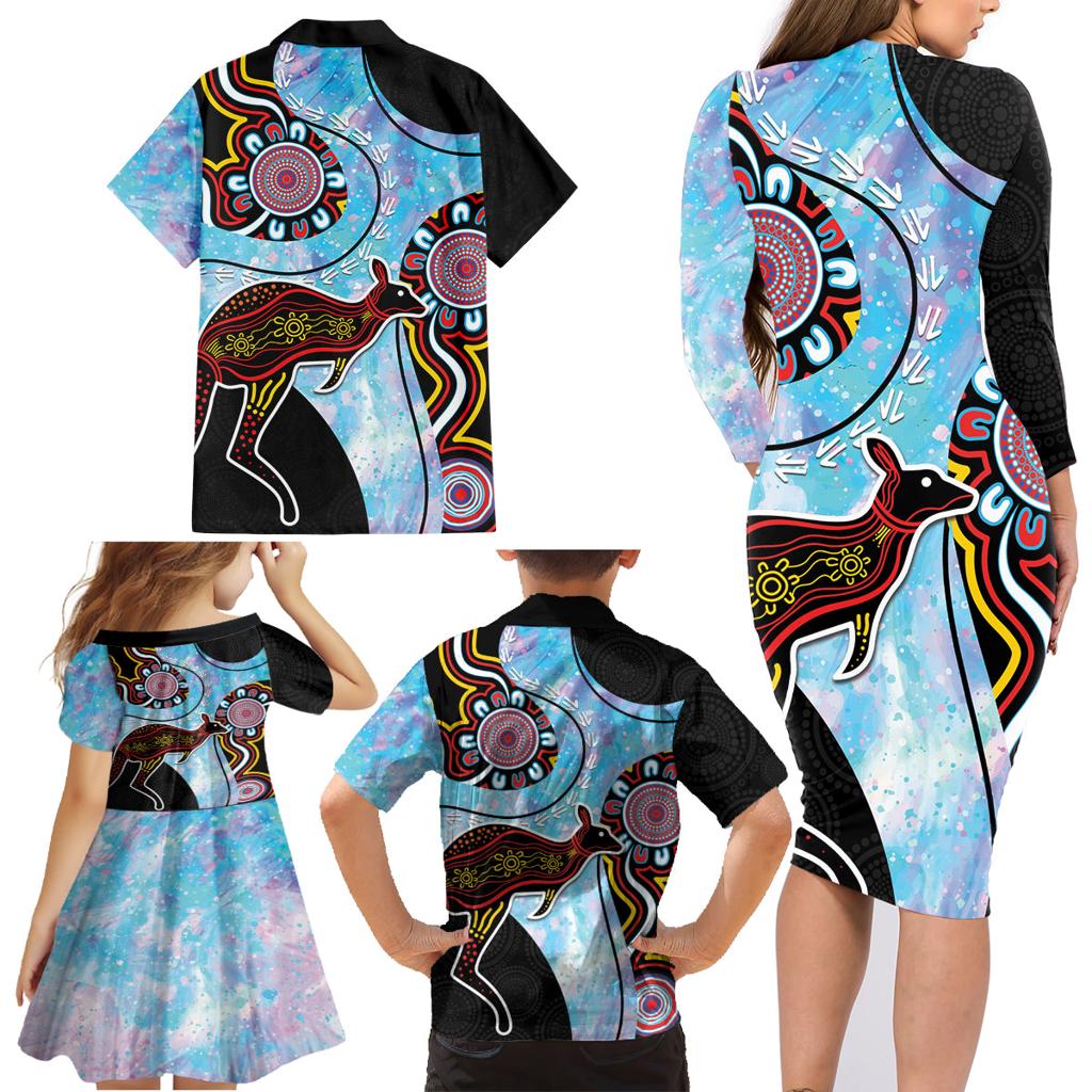 Australia Opal Family Matching Long Sleeve Bodycon Dress and Hawaiian Shirt Aussie Kangaroo Aboriginal Art