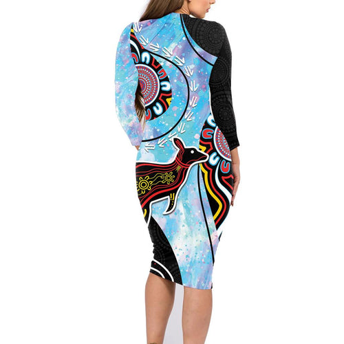 Australia Opal Family Matching Long Sleeve Bodycon Dress and Hawaiian Shirt Aussie Kangaroo Aboriginal Art