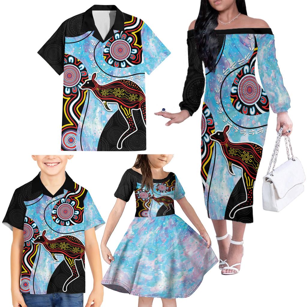 Australia Opal Family Matching Off Shoulder Long Sleeve Dress and Hawaiian Shirt Aussie Kangaroo Aboriginal Art
