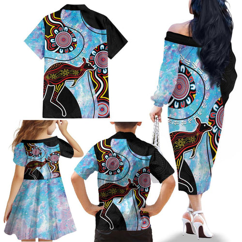 Australia Opal Family Matching Off Shoulder Long Sleeve Dress and Hawaiian Shirt Aussie Kangaroo Aboriginal Art