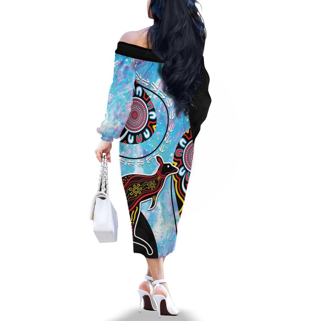 Australia Opal Family Matching Off Shoulder Long Sleeve Dress and Hawaiian Shirt Aussie Kangaroo Aboriginal Art