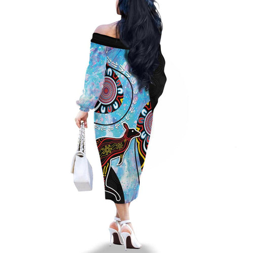 Australia Opal Family Matching Off Shoulder Long Sleeve Dress and Hawaiian Shirt Aussie Kangaroo Aboriginal Art