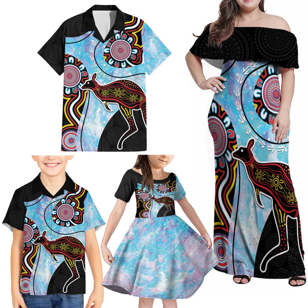 Australia Opal Family Matching Off Shoulder Maxi Dress and Hawaiian Shirt Aussie Kangaroo Aboriginal Art