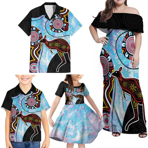 Australia Opal Family Matching Off Shoulder Maxi Dress and Hawaiian Shirt Aussie Kangaroo Aboriginal Art