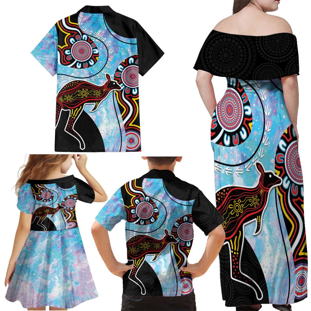 Australia Opal Family Matching Off Shoulder Maxi Dress and Hawaiian Shirt Aussie Kangaroo Aboriginal Art