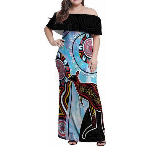 Australia Opal Family Matching Off Shoulder Maxi Dress and Hawaiian Shirt Aussie Kangaroo Aboriginal Art
