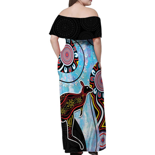 Australia Opal Family Matching Off Shoulder Maxi Dress and Hawaiian Shirt Aussie Kangaroo Aboriginal Art