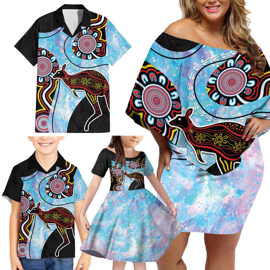 Australia Opal Family Matching Off Shoulder Short Dress and Hawaiian Shirt Aussie Kangaroo Aboriginal Art