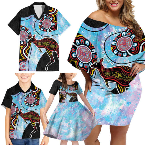 Australia Opal Family Matching Off Shoulder Short Dress and Hawaiian Shirt Aussie Kangaroo Aboriginal Art