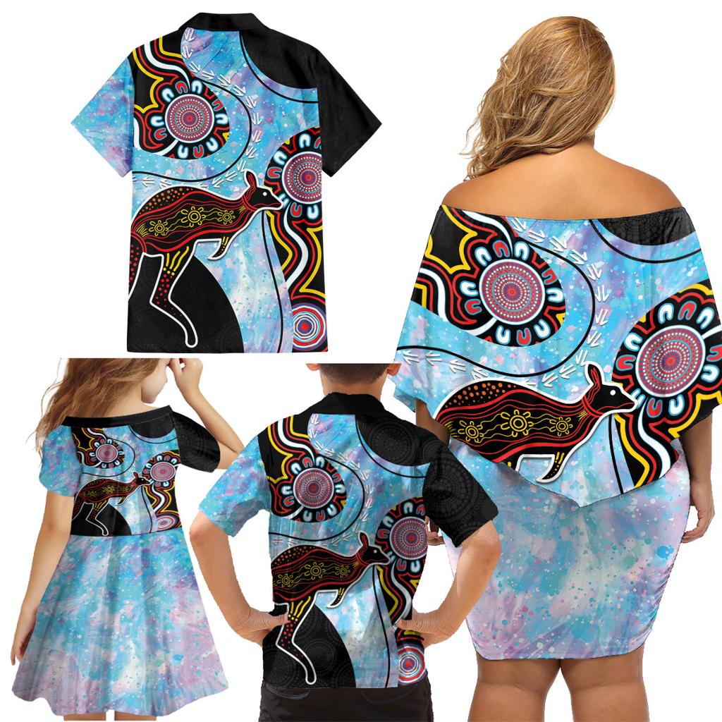 Australia Opal Family Matching Off Shoulder Short Dress and Hawaiian Shirt Aussie Kangaroo Aboriginal Art
