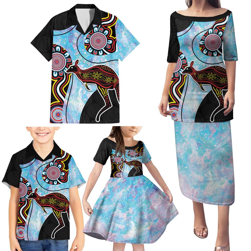 Australia Opal Family Matching Puletasi and Hawaiian Shirt Aussie Kangaroo Aboriginal Art