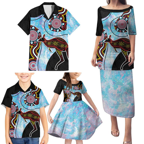 Australia Opal Family Matching Puletasi and Hawaiian Shirt Aussie Kangaroo Aboriginal Art