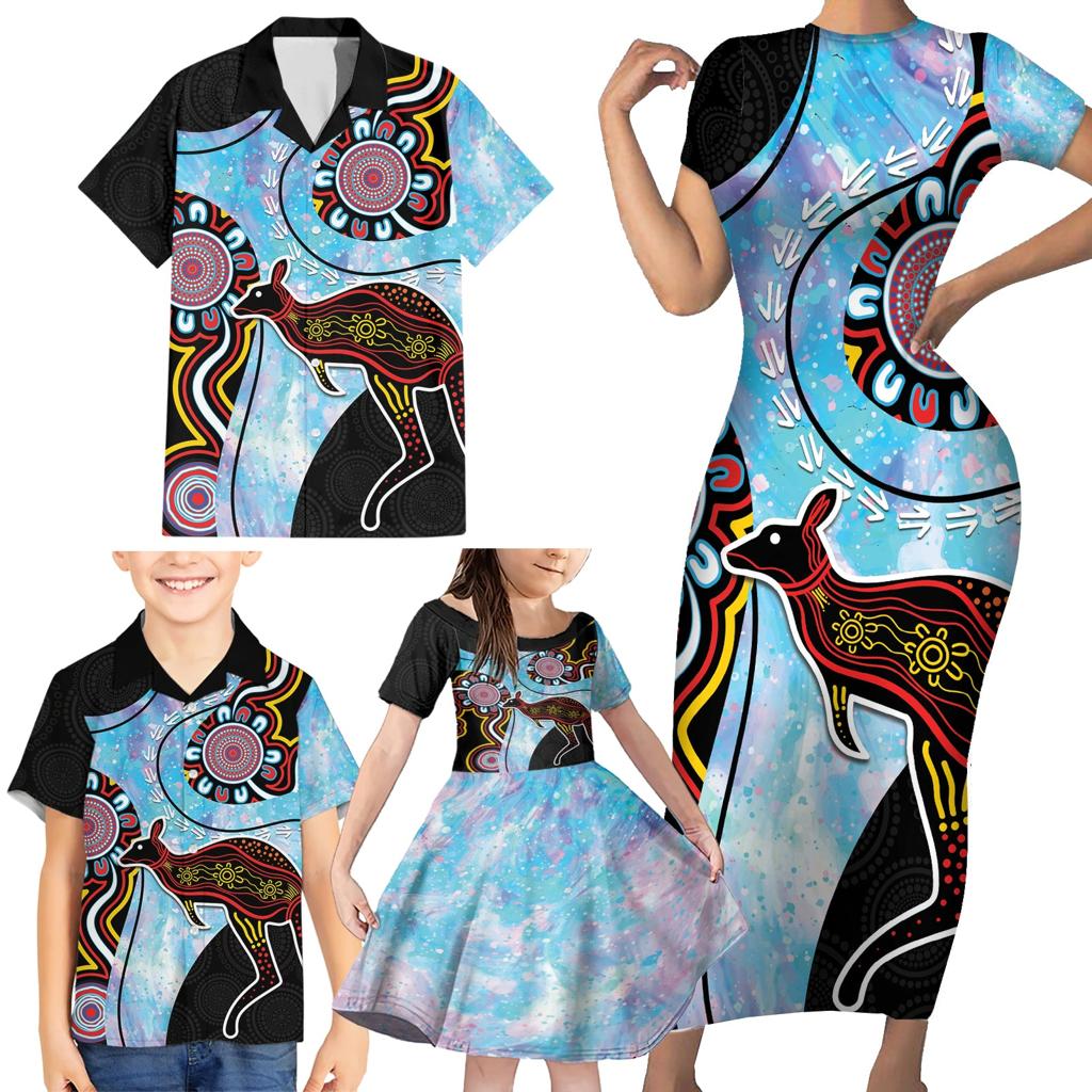 Australia Opal Family Matching Short Sleeve Bodycon Dress and Hawaiian Shirt Aussie Kangaroo Aboriginal Art