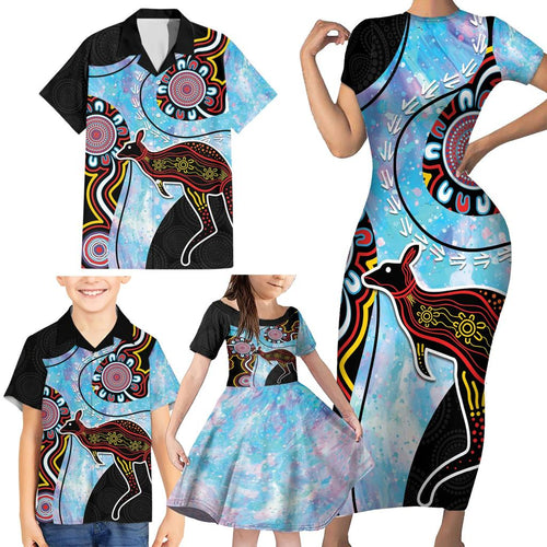 Australia Opal Family Matching Short Sleeve Bodycon Dress and Hawaiian Shirt Aussie Kangaroo Aboriginal Art