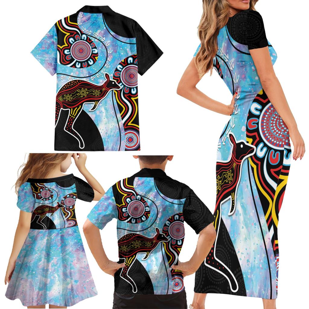Australia Opal Family Matching Short Sleeve Bodycon Dress and Hawaiian Shirt Aussie Kangaroo Aboriginal Art