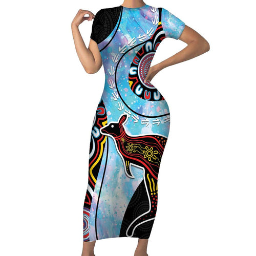 Australia Opal Family Matching Short Sleeve Bodycon Dress and Hawaiian Shirt Aussie Kangaroo Aboriginal Art