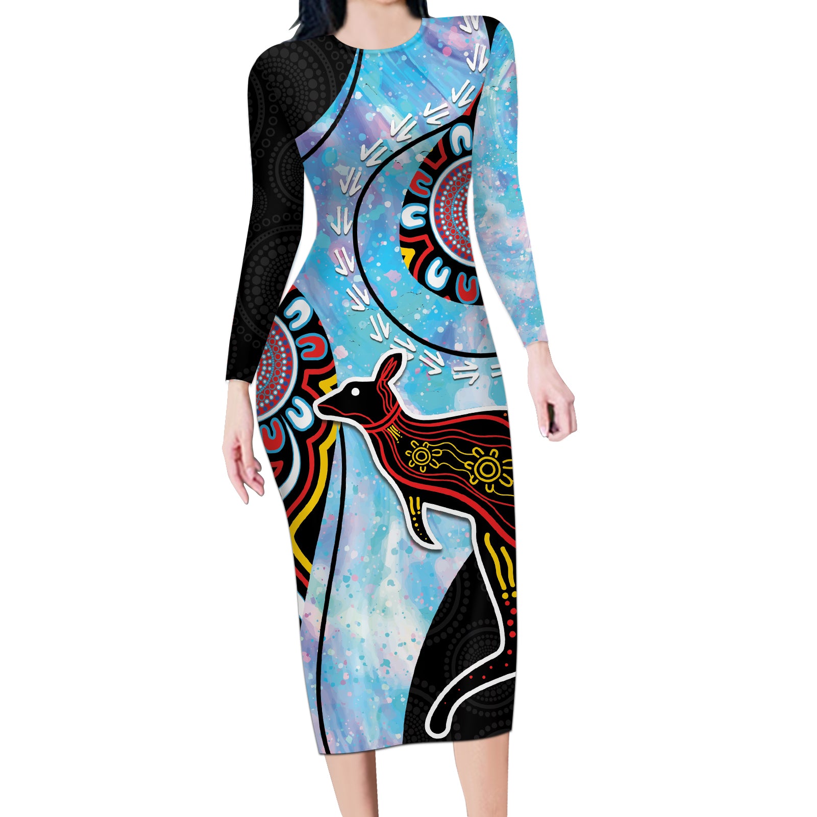 Australia Opal Long Sleeve Bodycon Dress Aussie Kangaroo Aboriginal Art