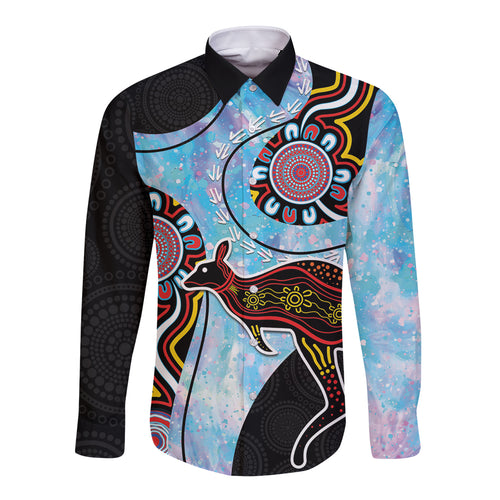 Australia Opal Long Sleeve Button Shirt Aussie Kangaroo Aboriginal Art