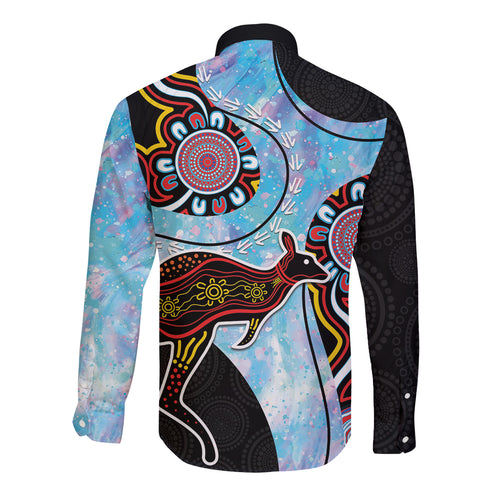 Australia Opal Long Sleeve Button Shirt Aussie Kangaroo Aboriginal Art