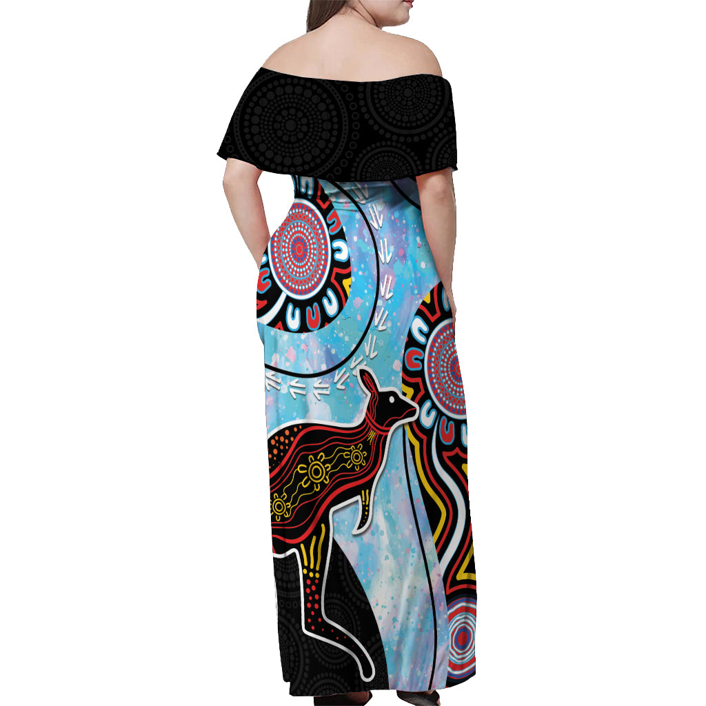Australia Opal Off Shoulder Maxi Dress Aussie Kangaroo Aboriginal Art