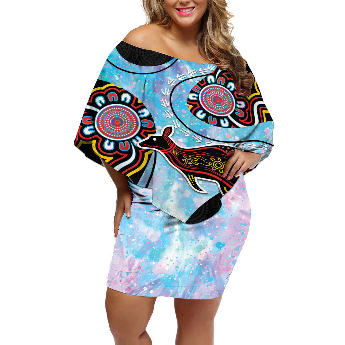 Australia Opal Off Shoulder Short Dress Aussie Kangaroo Aboriginal Art